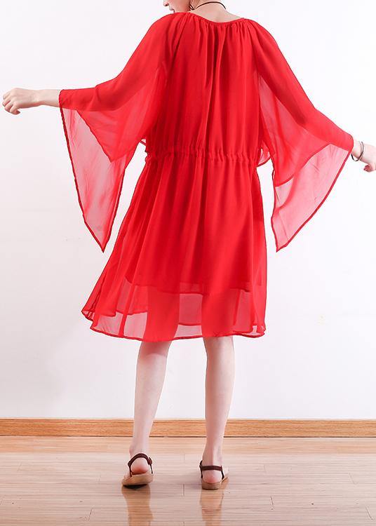 Style red chiffon dresses stylish Shirts tie waist Maxi summer Dress - SooLinen