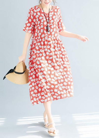 Style red floral linen clothes v neck loose summer Dresses - SooLinen