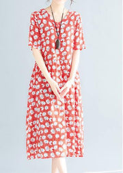 Style red floral linen clothes v neck loose summer Dresses - SooLinen