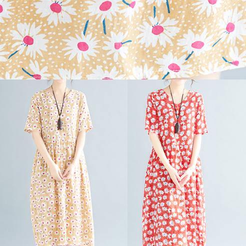 Style red floral linen clothes v neck loose summer Dresses - SooLinen