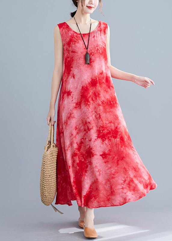 Style red print cotton linen clothes For Women sleeveless pockets long summer Dresses - SooLinen