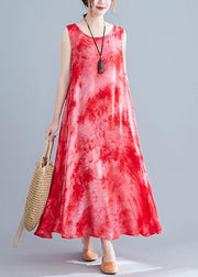 Style red print cotton linen clothes For Women sleeveless pockets long summer Dresses - SooLinen