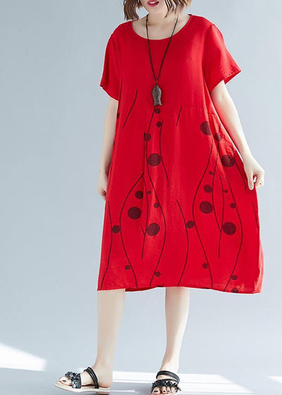 Style red print cotton outfit o neck shift summer Dresses - SooLinen