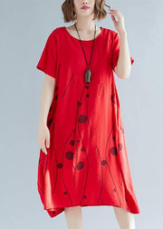 Style red print cotton outfit o neck shift summer Dresses - SooLinen