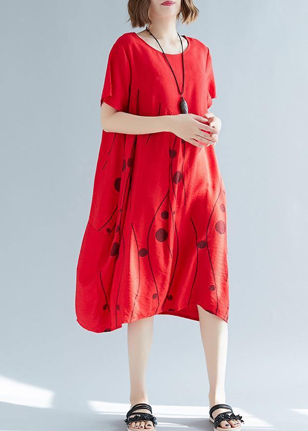 Style red print cotton outfit o neck shift summer Dresses - SooLinen