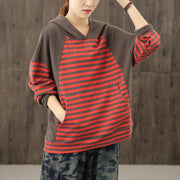 Style red striped tunics for women hooded patchwork baggy blouses - SooLinen