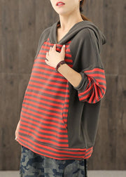 Style red striped tunics for women hooded patchwork baggy blouses - SooLinen