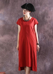 Style short sleeve Cotton Tunics Catwalk red o neck Dress summer - SooLinen