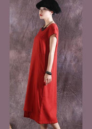 Style short sleeve Cotton Tunics Catwalk red o neck Dress summer - SooLinen