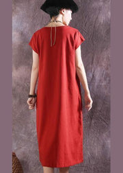 Style short sleeve Cotton Tunics Catwalk red o neck Dress summer - SooLinen