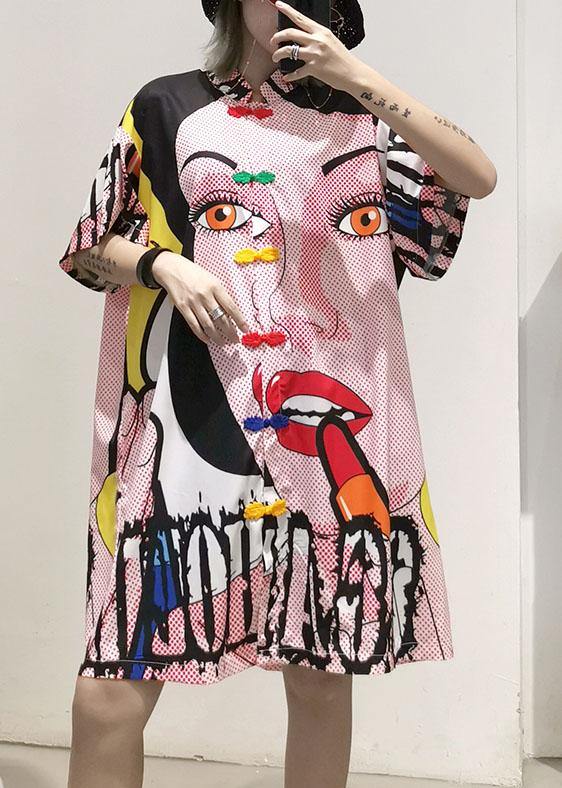 Style stand collar Cotton dress Sewing pink Cartoon print Dresses summer - SooLinen