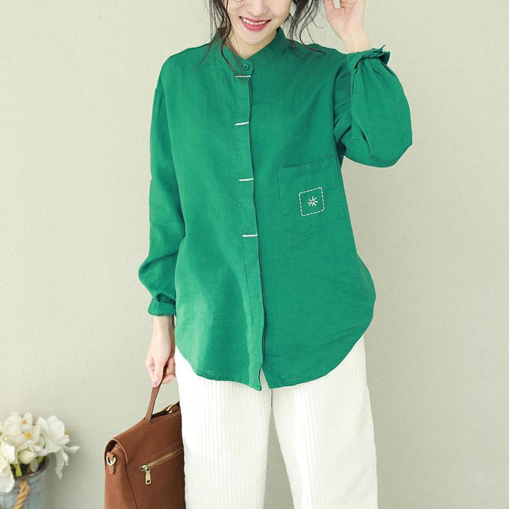 Style stand collar linen tops women blouses plus size Sewing green short blouses