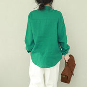 Style stand collar linen tops women blouses plus size Sewing green short blouses