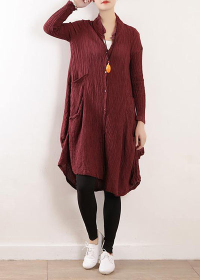 Style v neck asymmetric linen Robes Neckline burgundy Dress fall - SooLinen