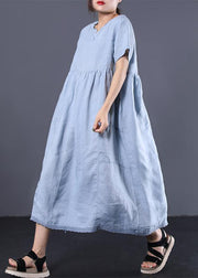 Style v neck linen clothes For Women Work Outfits light blue Dress summer - SooLinen