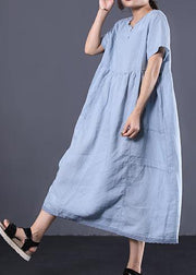 Style v neck linen clothes For Women Work Outfits light blue Dress summer - SooLinen