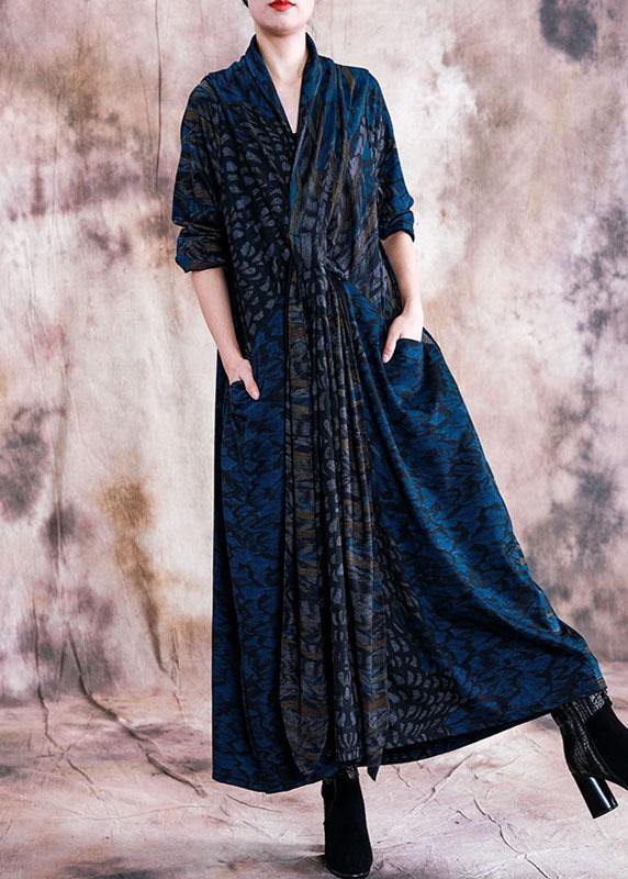 Style v neck pockets Outfits blue print loose Dress fall - SooLinen