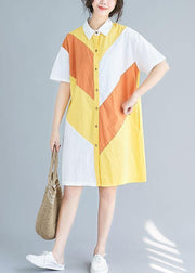 Style yellow Cotton Tunics lapel patchwork baggy summer Dresses - SooLinen