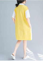 Style yellow Cotton Tunics lapel patchwork baggy summer Dresses - SooLinen