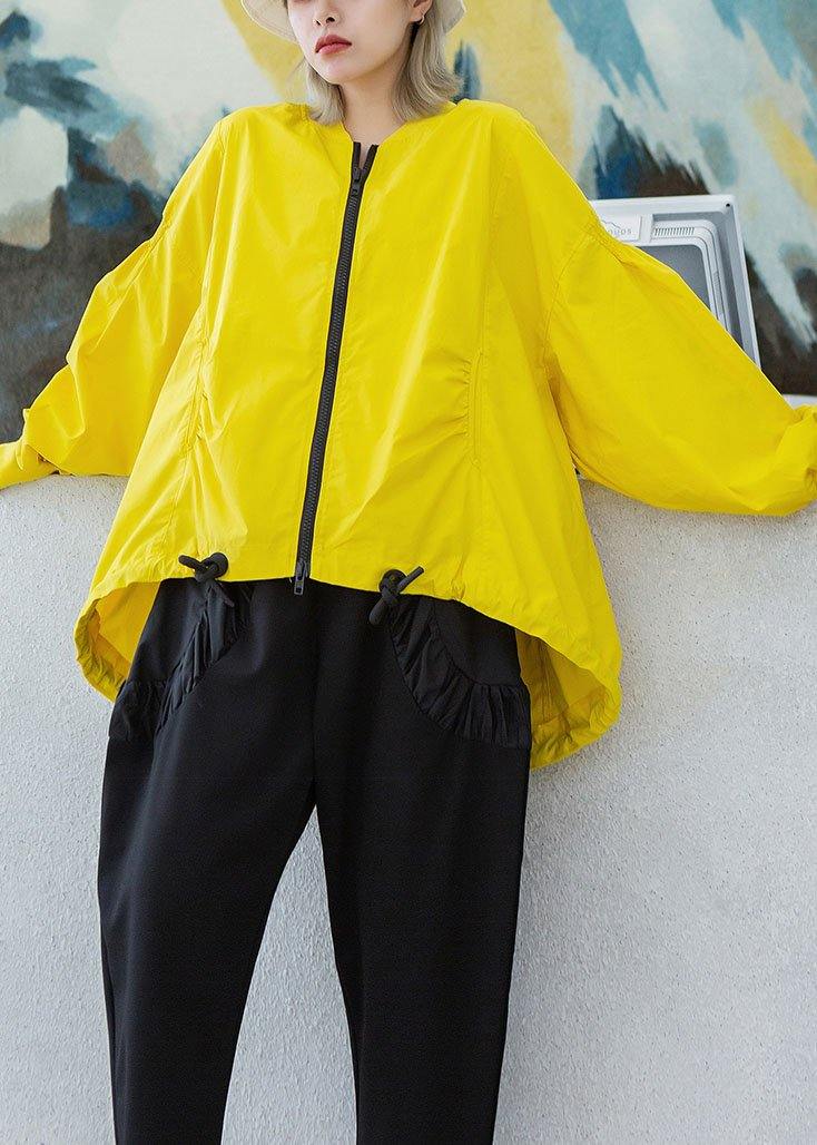 Style yellow Plus Size box short coat Photography drawstring hem fall outwear - SooLinen