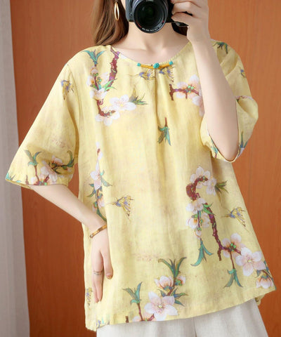 Style yellow print top silhouette o neck half sleeve Dresses blouse - SooLinen