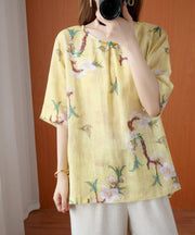 Style yellow print top silhouette o neck half sleeve Dresses blouse - SooLinen