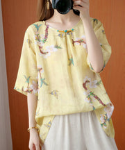 Style yellow print top silhouette o neck half sleeve Dresses blouse - SooLinen