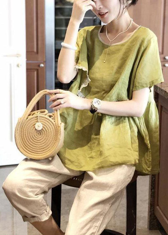 Stylish Avocado Green Ruffled Patchwork Cotton Tops Short Sleeve