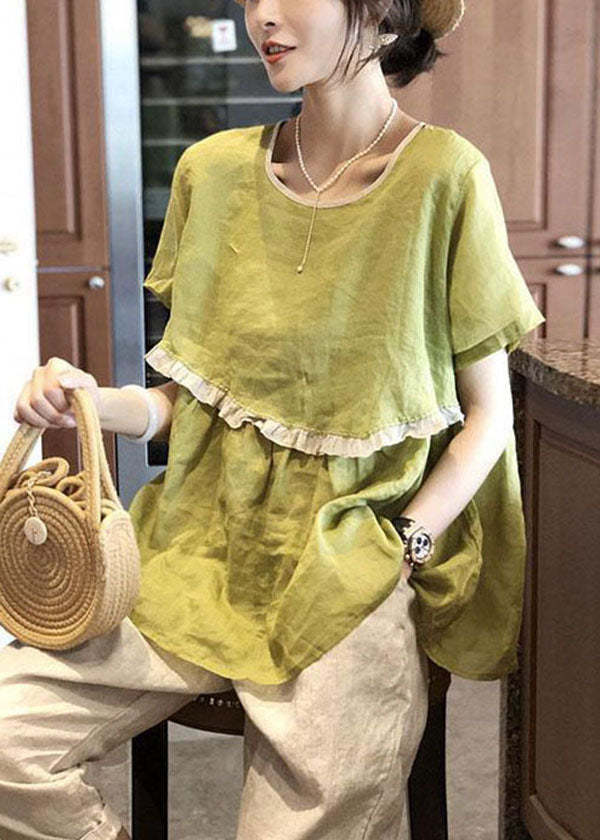 Stylish Avocado Green Ruffled Patchwork Cotton Tops Short Sleeve