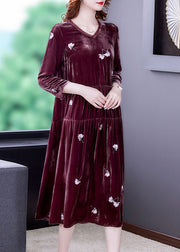 Stylish Bean paste red V Neck Embroideried Velour Dresses Spring