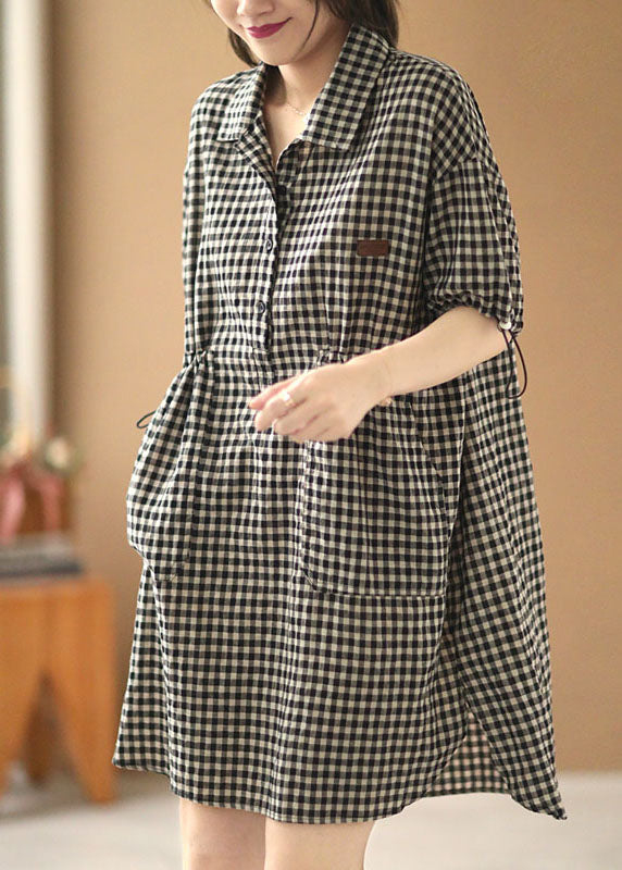 Stylish Black Beige Plaid Peter Pan Collar Drawstring Cotton Vacation Dresses Short Sleeve