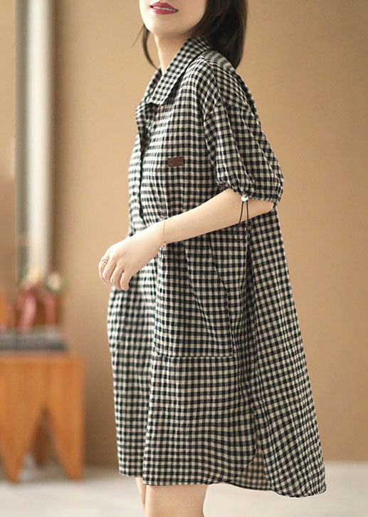 Stylish Black Beige Plaid Peter Pan Collar Drawstring Cotton Vacation Dresses Short Sleeve