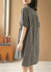 Stylish Black Beige Plaid Peter Pan Collar Drawstring Cotton Vacation Dresses Short Sleeve