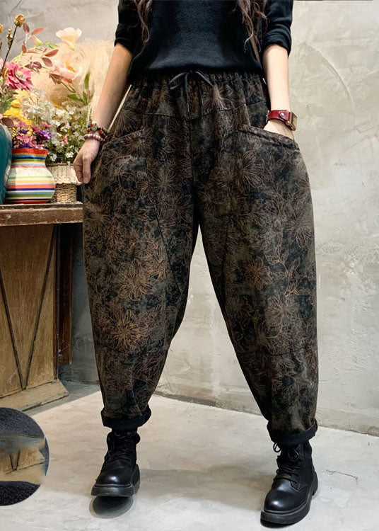 Stylish Black Cinched Print Loose denim Pants Trousers Winter