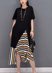 Stylish Black O-Neck Asymmetrical Chiffon Patchwork Long Dress Short Sleeve