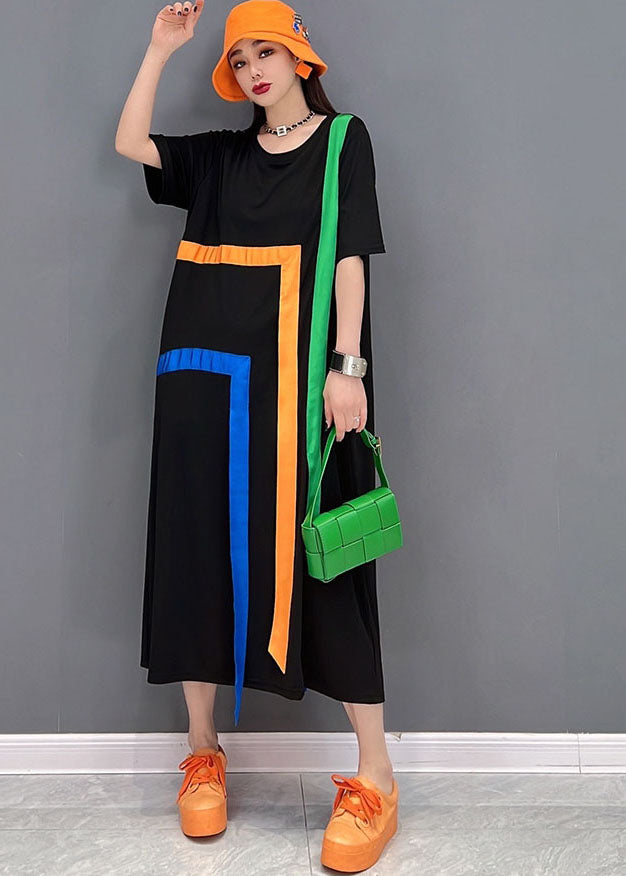 Stylish Black O-Neck Rainbow Applique Cotton Lengthen Dress Short Sleeve