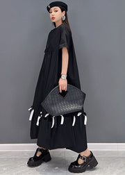 Stylish Black O-Neck Wrinkled Cotton Long Dress Short Sleeve