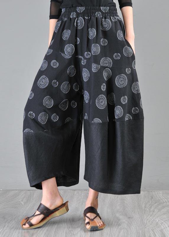 Stylish Black Print asymmetrical design Cotton Linen Wide Leg Pants Summer - SooLinen