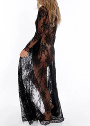 Stylish Black tie waist kimono robe Maxi Summer Lace cardigans - SooLinen