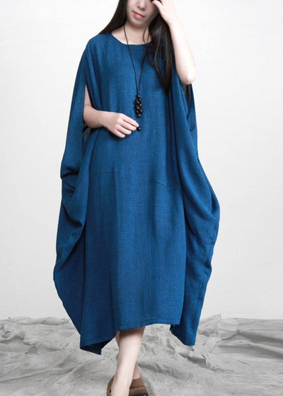 Stylish Blue Batwing Sleeve O Neck Linen Dresses - SooLinen