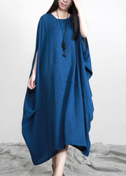 Stylish Blue Batwing Sleeve O Neck Linen Dresses - SooLinen