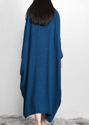 Stylish Blue Batwing Sleeve O Neck Linen Dresses - SooLinen