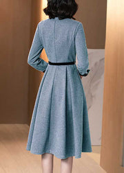 Stylish Blue Embroideried Nail bead zippered Tie Waist  Winter Long sleeve Dresses