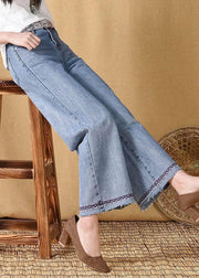 Stylish Blue High Waist Embroideried Pockets Cotton Straight Pants Summer