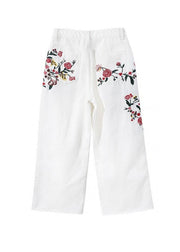 Stylish Blue High Waist Embroideried Pockets Cotton Straight Pants Summer