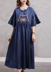 Stilvolle blaue O-Neck Cinched Embroideried Cotton Denim Kleider Butterfly Sleeve