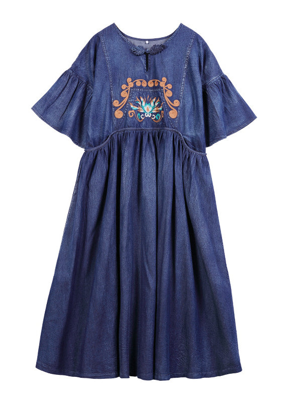 Stylish Blue O-Neck Cinched Embroideried Cotton denim Dresses Butterfly Sleeve