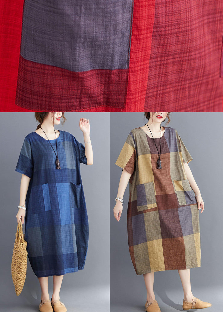 Stylish Blue O Neck Plaid Maxi Dresses Cotton Linen Summer - SooLinen