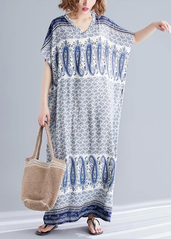 Stylish Blue Print Cotton V Neck Summer Dress - SooLinen