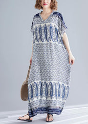 Stylish Blue Print Cotton V Neck Summer Dress - SooLinen